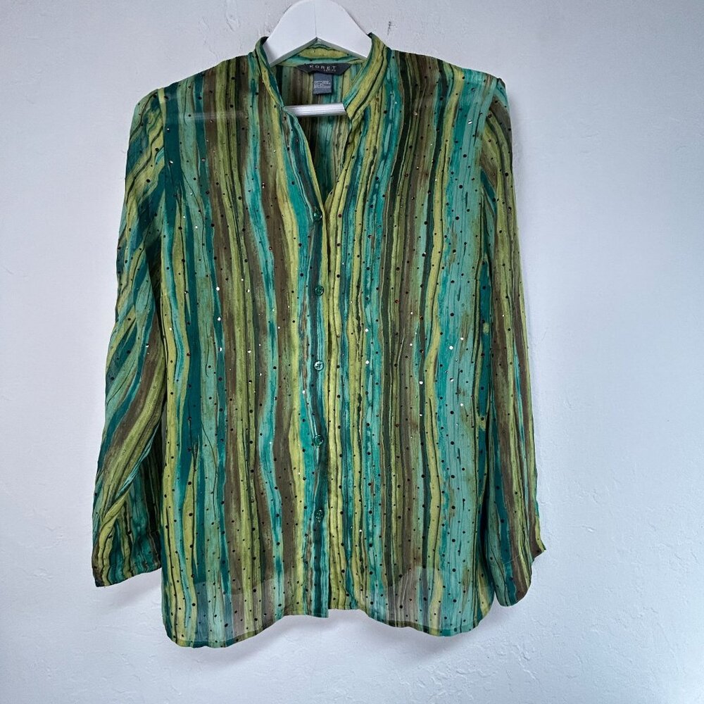 Koret Womens Petite Large Green Striped Rhinestone Button-Up Shirt Long Sleeve